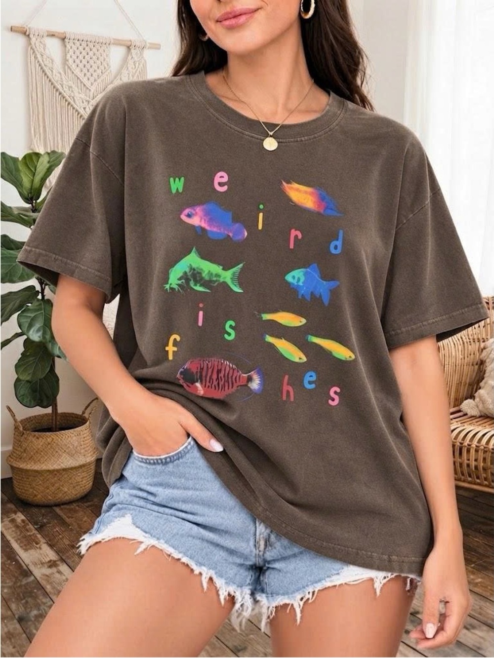 Vintage Brown 'Weird Is Fishes' Graphic Tee with Colorful Fish